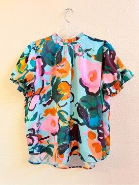 THML bold bright floral puff sleeve blouse
